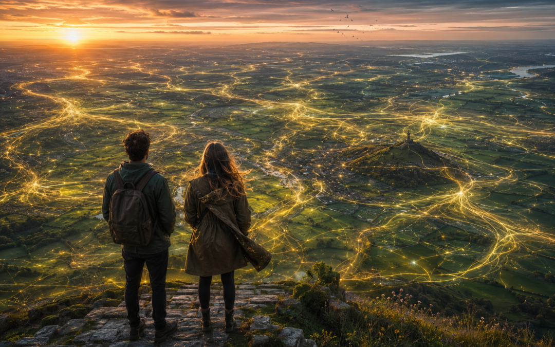 Two figures stand on a rocky hilltop at sunset overlooking the Glastonbury landscape, where glowing golden energy lines weave across the countryside like living ley lines. In the distance, Glastonbury Tor rises from the land as rivers, fields, and ancient pathways shimmer beneath a dramatic sky, creating a mystical fusion of nature, energy, and sacred geography.